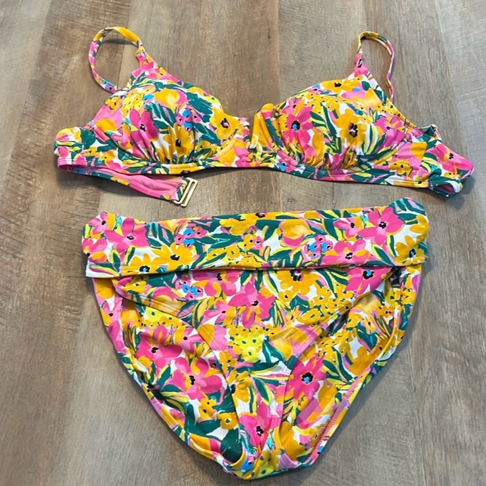 Anne Cole Pink and Yellow Bikini with fold over waist  Details-XL & XXL